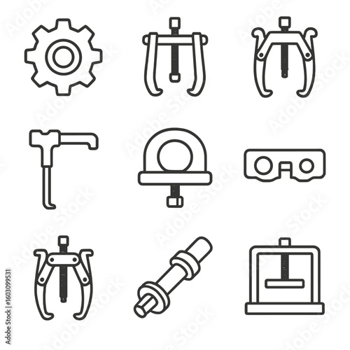 Mechanical Tools Icons. Line style icons of gear and mechanical part tools: gear puller, bearing puller, flywheel holder,