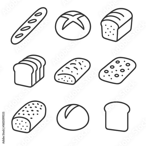 Artisan Bread Icons. Line style icons of artisan bread: baguette, sourdough round, rye loaf, sliced white bread, ciabatta,