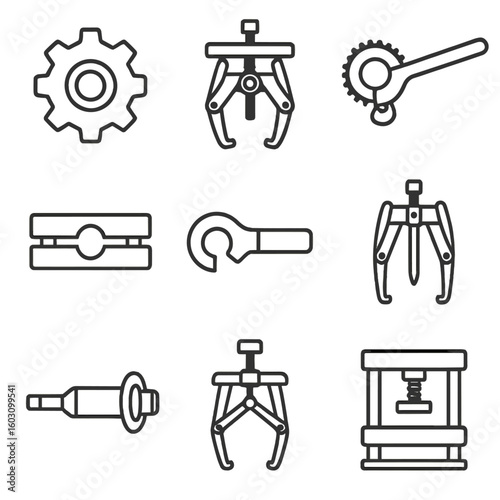 Mechanical Tools Icons. Line style icons of gear and mechanical part tools: gear puller, bearing puller, flywheel holder,
