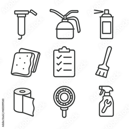 Lubrication Tools Icons. Line style icons of lubricating and maintenance tools: grease gun, oil can, lubricant spray, cleaning
