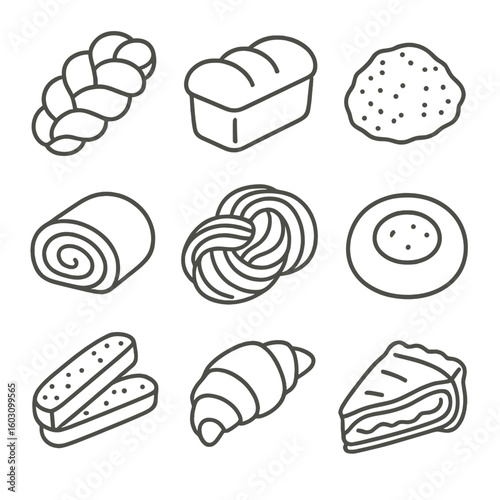 Traditional Baked Icons. Line style icons of traditional baked goods: challah bread, brioche loaf, scone, poppy roll, babka,
