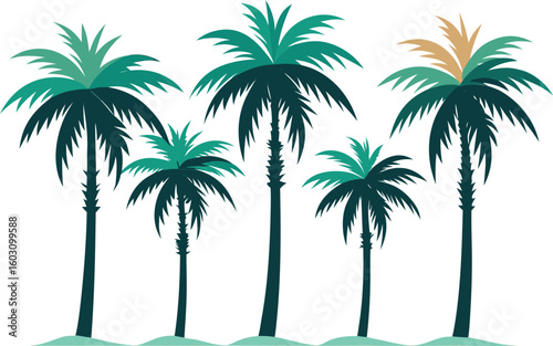 Botanical-style watercolor illustration of five distinct palm trees with muted green fronds arranged in a staggered row on white background

