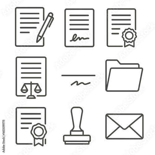Law Document Icons. Line style icons of law documents and contracts: contract with pen, signed agreement, notarized paper, legal