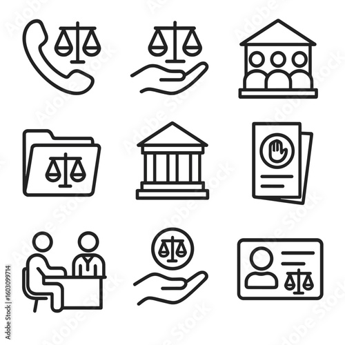 Legal Service Icons. Line style icons of legal services and access: legal hotline icon, court assistance hand, community law