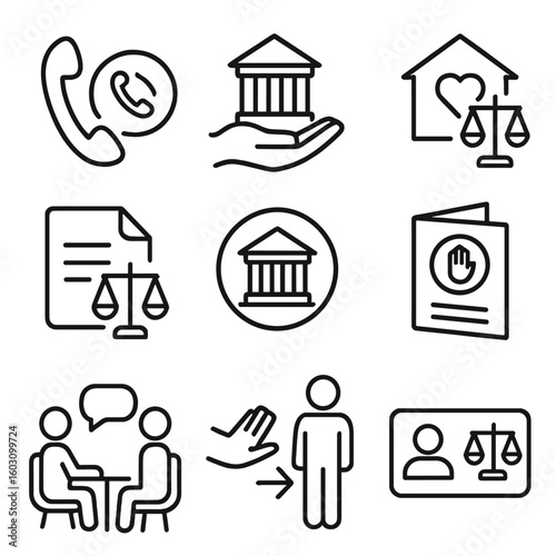 Legal Service Icons. Line style icons of legal services and access: legal hotline icon, court assistance hand, community law