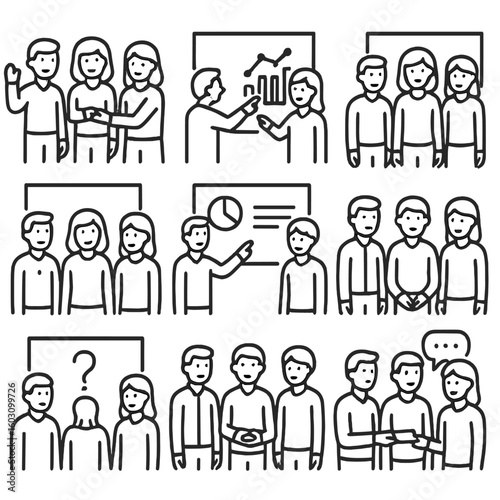 Collaborative Student Presentation. Line style icons of student group presentation: three students presenting, passing clicker,
