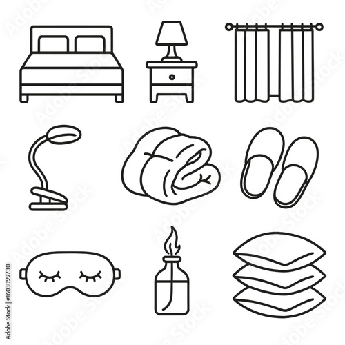 Bedroom Comfort Icons. Line style icons of bedroom comfort: king bed, bedside table lamp, blackout curtains, reading light, fluffy
