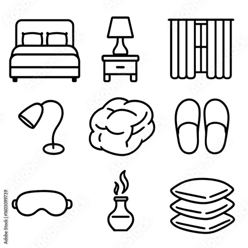 Bedroom Comfort Icons. Line style icons of bedroom comfort: king bed, bedside table lamp, blackout curtains, reading light, fluffy