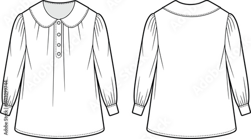 Retro Women's Peter Pan Collar Blouse Flat Sketch, Long Sleeve Button-Up Top Technical Drawing, Fashion Apparel Design Template for Adobe Stock