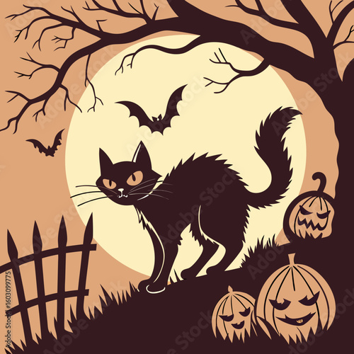Spooky black cat with pumpkins and bats under a bare tree silhouette
