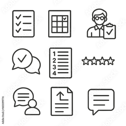 Feedback Icons Set. Line style icons of feedback and grading: checklist icon, grade rubric, teacher with clipboard, peer feedback