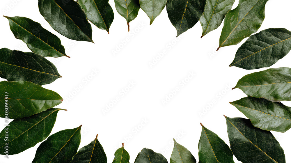 Fototapeta premium A collection of green leaves arranged in a circular frame on a transparent background.