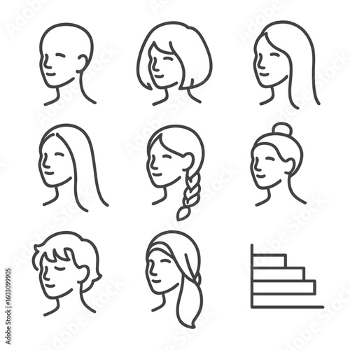 Seasonal Hair Icons. Line style icons of hair by weather adaptation: summer short cut, spring bob, autumn mid-length, winter long