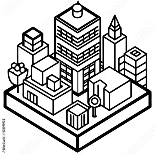Isometric cityscape with buildings and trees silhouette