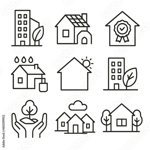 Sustainable Real Estate Icons. Line style icons of sustainable real estate: green building symbol, solar panel roof, eco home