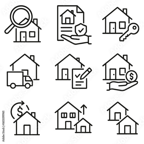 Home Ownership Icons. Line style icons of home ownership lifecycle: house search icon, mortgage approval, property purchase, home