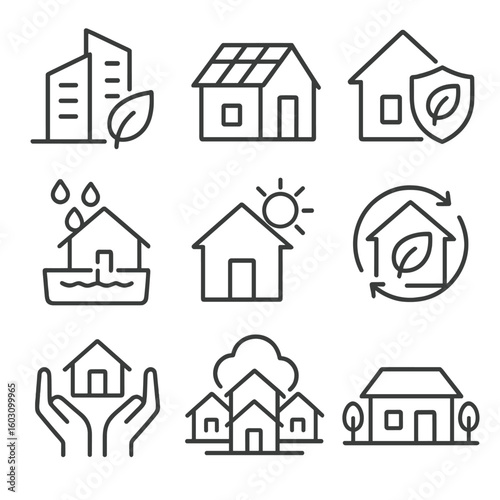 Sustainable Real Estate Icons. Line style icons of sustainable real estate: green building symbol, solar panel roof, eco home