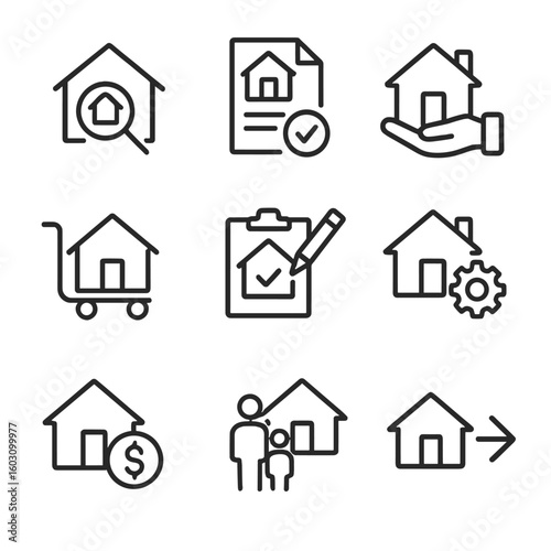 Home Ownership Icons. Line style icons of home ownership lifecycle: house search icon, mortgage approval, property purchase, home