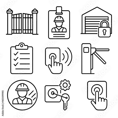 Industrial Access Icons. Line style icons of industrial access control: facility gate, security badge with helmet, warehouse lock,