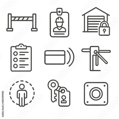 Industrial Access Icons. Line style icons of industrial access control: facility gate, security badge with helmet, warehouse lock,