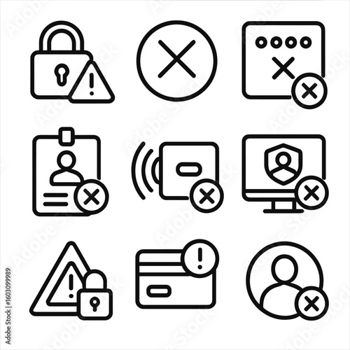 Access Control Icons. Line style icons of access control failure: lock alert icon, denied access symbol, wrong PIN error, invalid