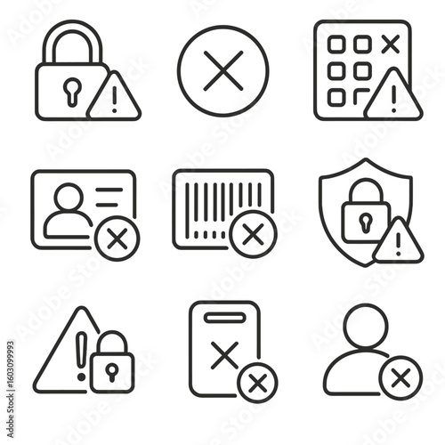 Access Control Icons. Line style icons of access control failure: lock alert icon, denied access symbol, wrong PIN error, invalid