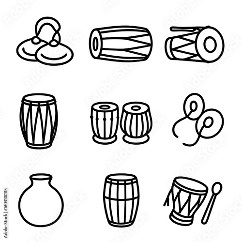 Dance Instruments Icons. Line style icons of dance accompaniment instruments: nattuvangam cymbals, mridangam for Bharatanatyam,