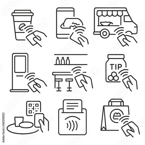 Contactless Payment Icons. Line style icons of food and beverage contactless: tap to pay coffee, mobile payment at restaurant, tap