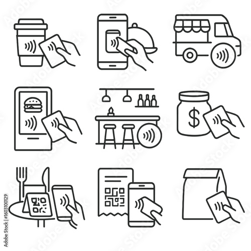 Contactless Payment Icons. Line style icons of food and beverage contactless: tap to pay coffee, mobile payment at restaurant, tap