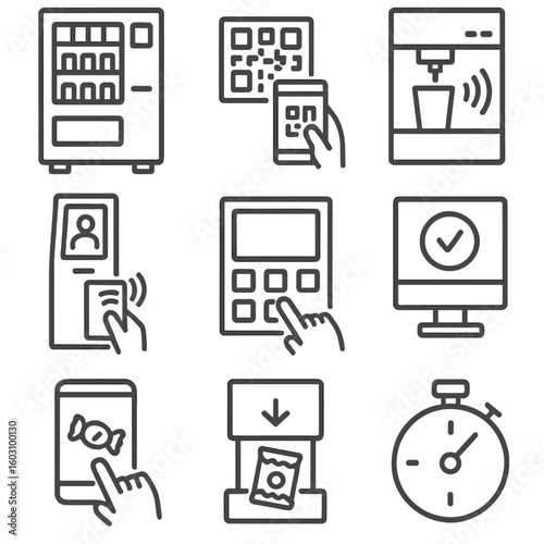 Vending Icons Collection. Line style icons of vending and kiosk tap: vending machine with tap area, QR code snack payment, drink