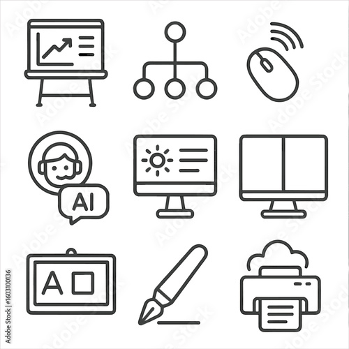 Smart Office Icons. Line style icons of smart office tools: smart whiteboard, task sync hub, wireless mouse, cloud printer, AI