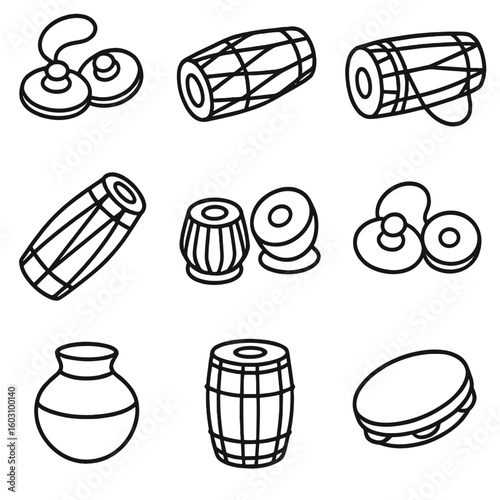 Dance Instruments Icons. Line style icons of dance accompaniment instruments: nattuvangam cymbals, mridangam for Bharatanatyam,