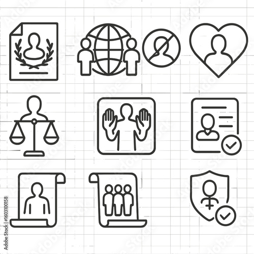 Human Rights Icons. Line style icons of human rights agreements: human rights declaration, global equality icon,