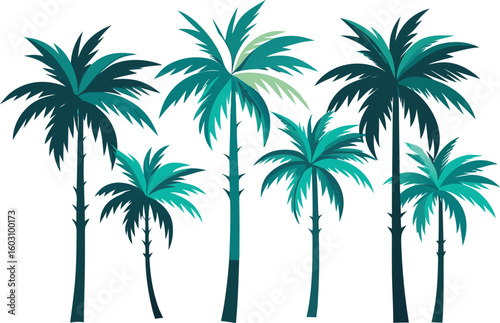 Botanical-style watercolor illustration of five distinct palm trees with muted green fronds arranged in a staggered row on white background


