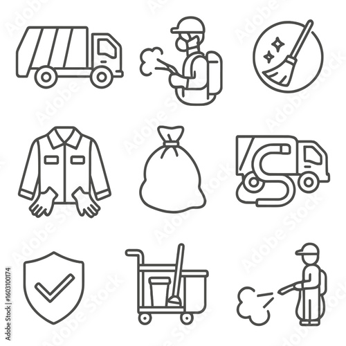 Sanitation Worker Icons. Line style icons of sanitation workers and services: sanitation truck, cleaning crew with spray, street