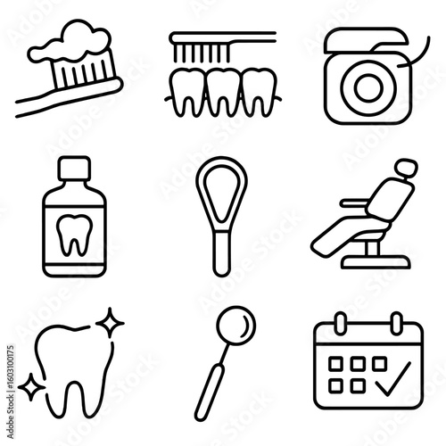 Dental Hygiene Icons. Line style icons of dental hygiene: toothbrush with foam, brushing teeth symbol, dental floss, mouthwash