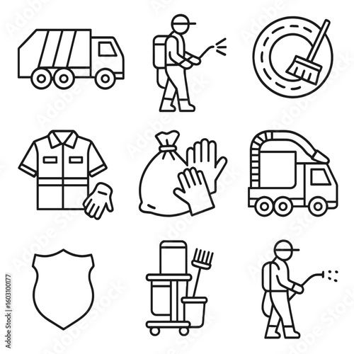 Sanitation Worker Icons. Line style icons of sanitation workers and services: sanitation truck, cleaning crew with spray, street