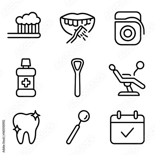 Dental Hygiene Icons. Line style icons of dental hygiene: toothbrush with foam, brushing teeth symbol, dental floss, mouthwash