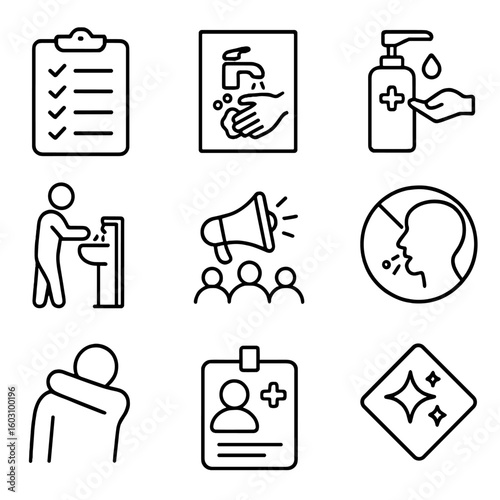 Public Hygiene Icons. Line style icons of public hygiene awareness: hygiene checklist, handwashing poster, sanitizing station,