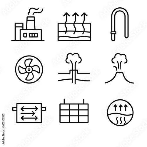 Geothermal Energy Icons. Line style icons of geothermal energy: geothermal plant, underground heat lines, geothermal pipe, steam