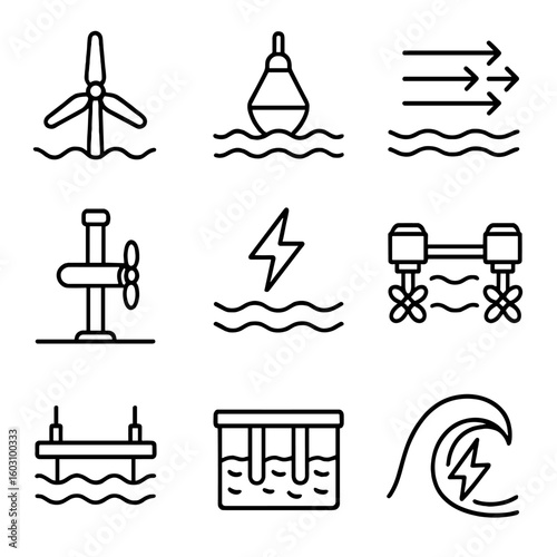 Wave and Tidal Icons. Line style icons of wave and tidal energy: tidal turbine, wave energy buoy, ocean current arrows, underwater