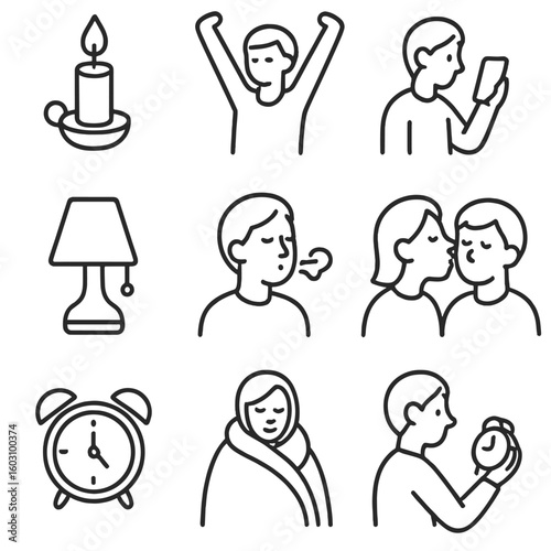 Bedtime Ritual Icons. Line style icons of bedtime habits and rituals: candle lighting, stretching arms, final screen check, dimmed