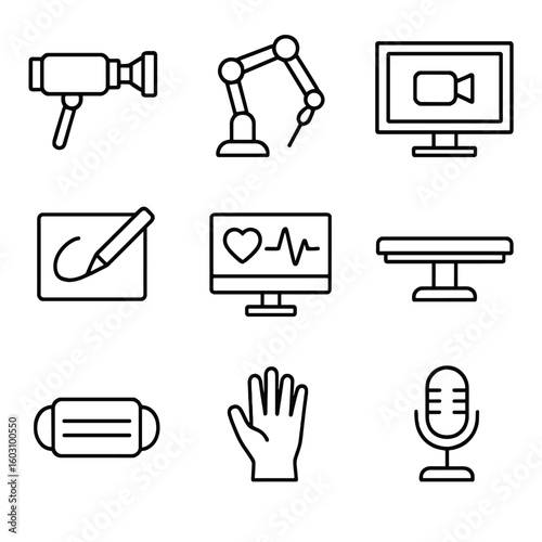 Video Surgery Tools. Outline style icons of Video Surgery Assistance: surgical camera, robotic arm, live feed screen, annotation