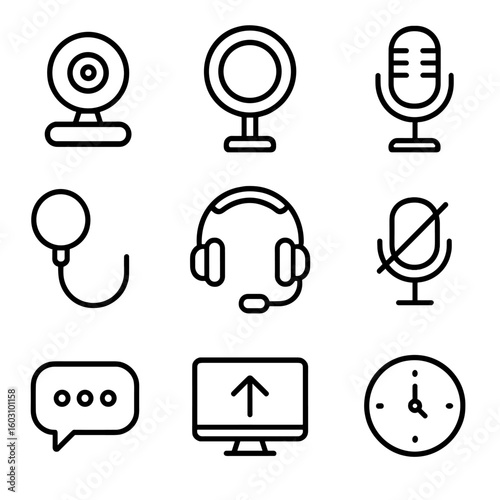 Virtual Meeting Icons. Outline style icons of Virtual Meeting Setup: webcam, ring light, condenser microphone, pop filter, headset
