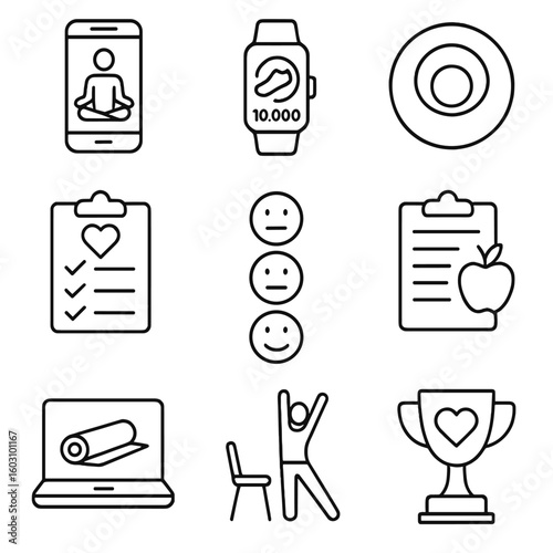 Virtual Wellness Icons. Outline style icons of Virtual Employee Wellness: meditation app, step tracker, breathing circle, wellness