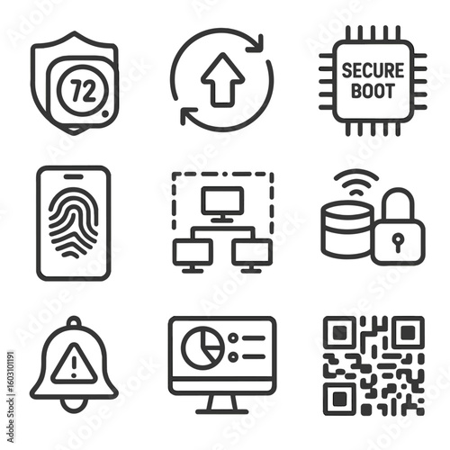 IoT Security Icons. Outline style icons of IoT Device Security: smart thermostat shield, firmware update arrow, secure boot chip,