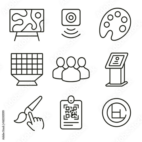 AR Art Installation Icons. Outline style icons of AR Art Installation: digital mural canvas, motion trigger sensor, color morph