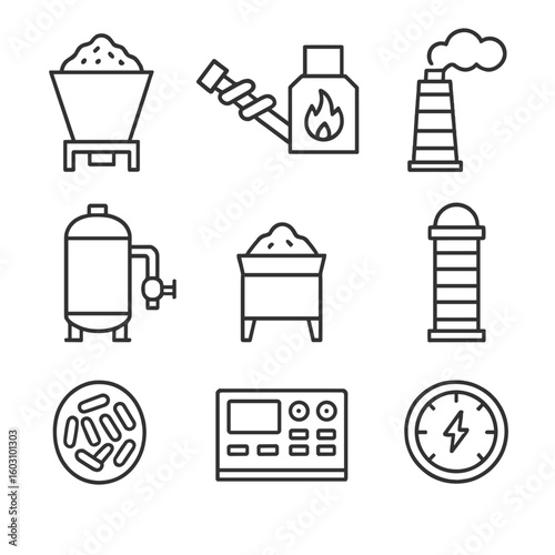 Biomass Generator Icons. Outline style icons of Biomass Generator System: fuel hopper, screw conveyor, combustion chamber, steam