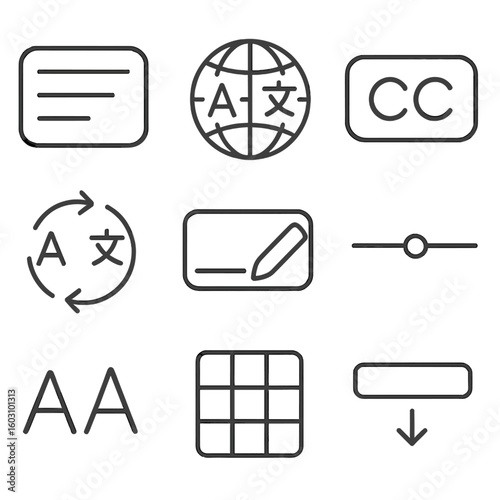 Subtitle Tools Icons. Outline style icons of Multilingual Subtitle Tools: subtitle lines, language globe, CC button, auto