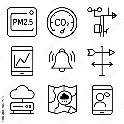 Air Quality Monitoring Icons. Outline style icons of Air Quality Monitoring: PM2.5 sensor, CO₂ gauge, weather station mast, data